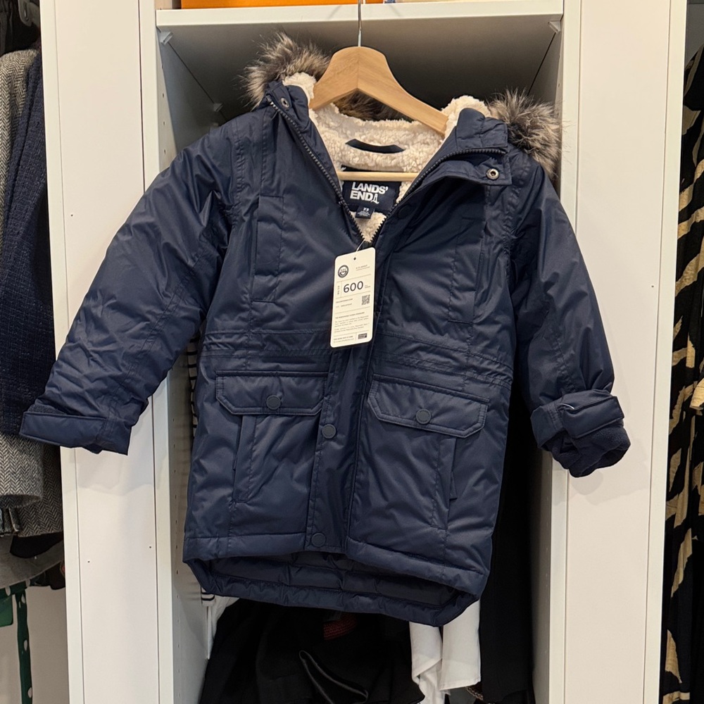 NWT Lands' End Dark Blue Parka with Faux Fur Trim 4-5